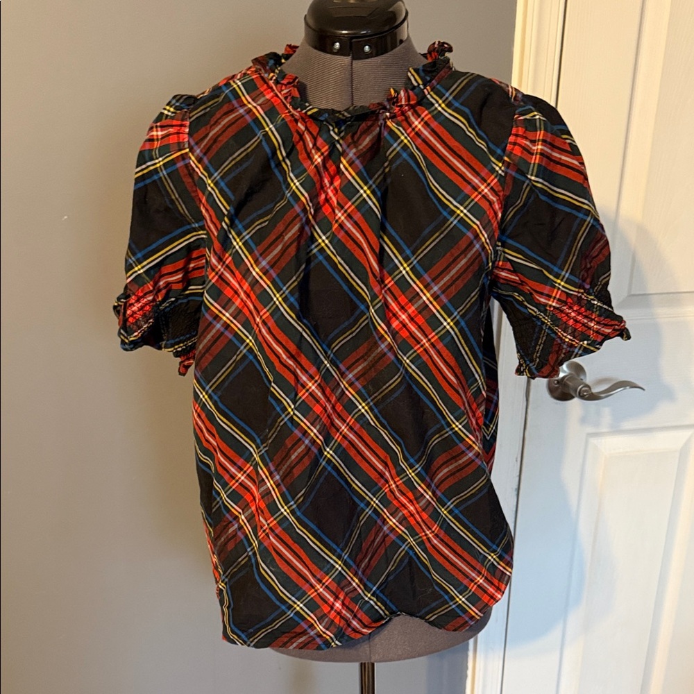 J. Crew Black and Red Plaid Ruffle Sleeve Blouse
